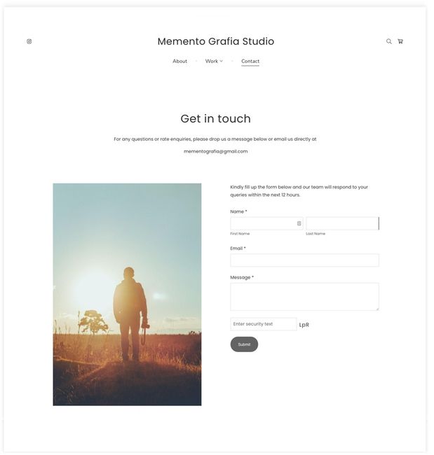 De pagina met contactgegevens van Memento Grafia Studio