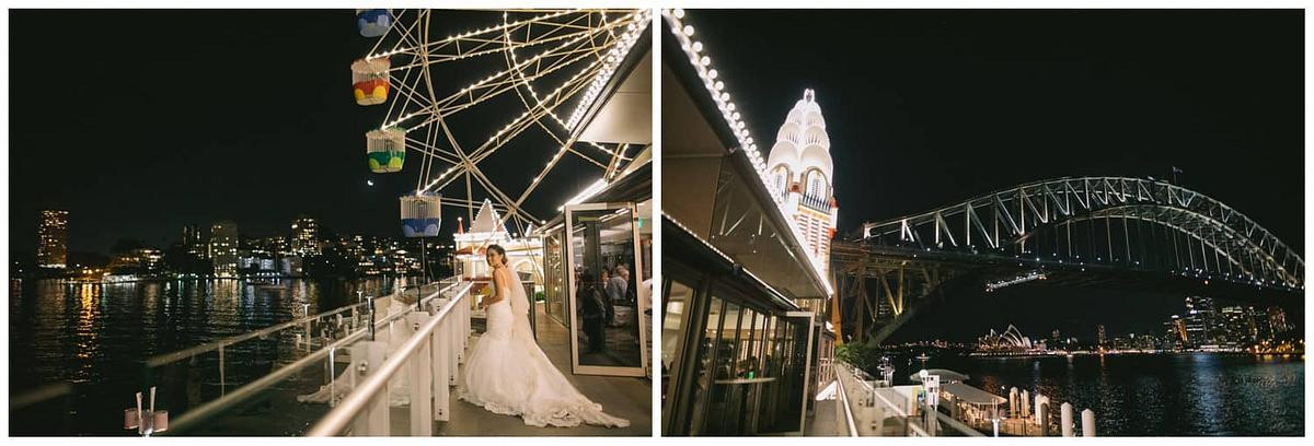 Night wedding photography Luna Park Sydney showcasing the beautiful Sydney Harbour.
