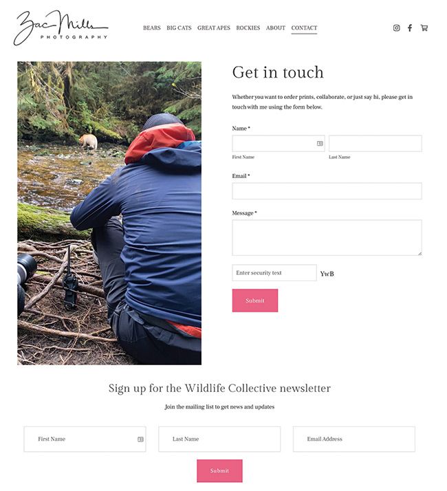 Kontaktseite für das Fotografie-Portfolio von Zac Mill