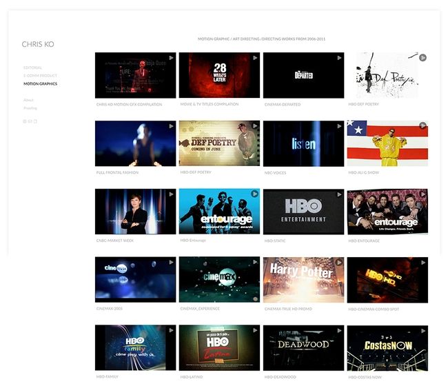 Sito web del portfolio video di Chris Ko